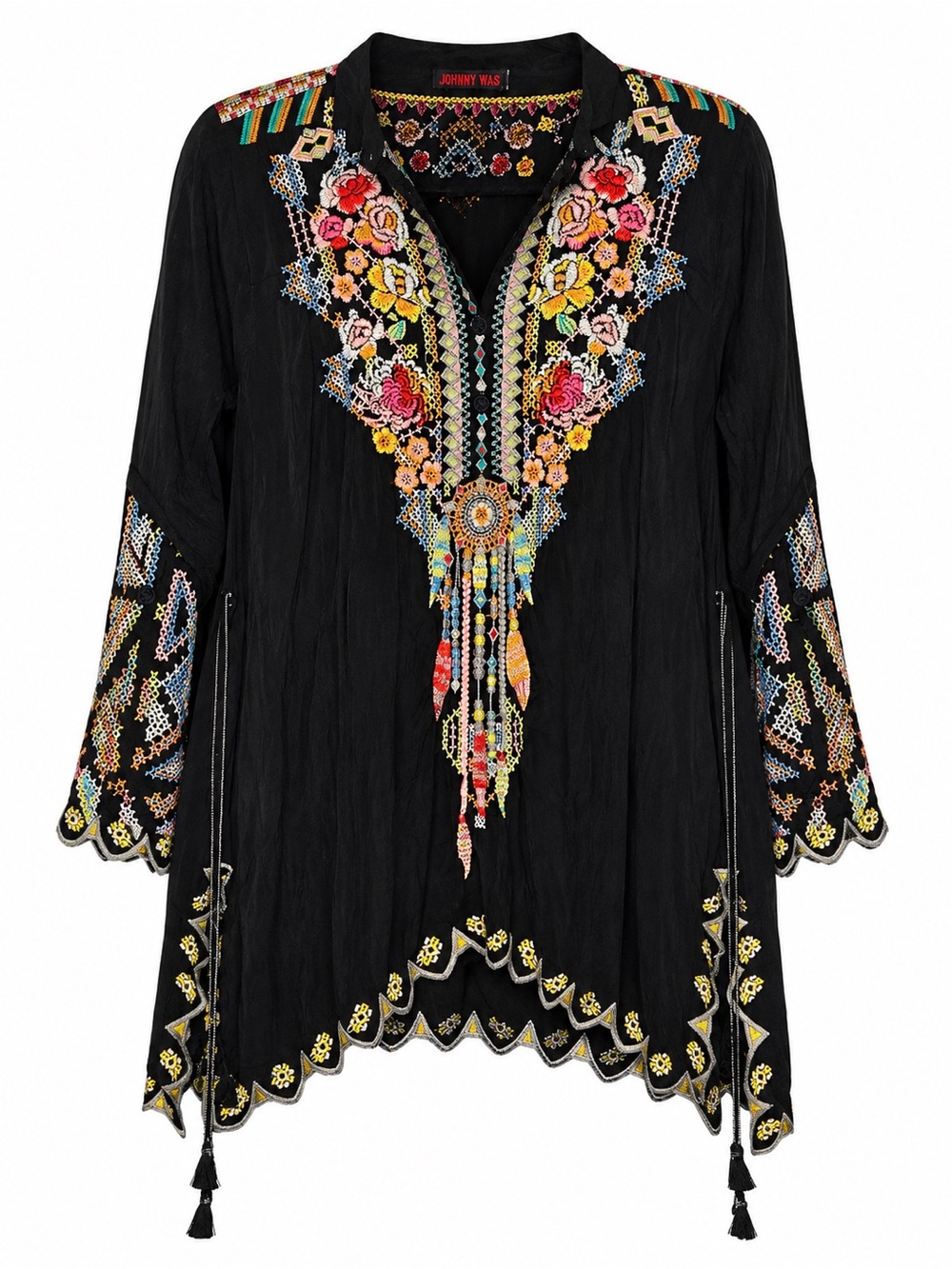 Johnny Was Cupra Embroidered Medallion Tunic Black Boho Luxe Small